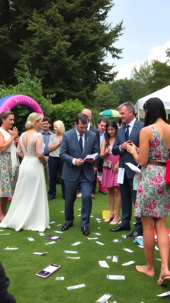 Guests enjoy an outdoor scavenger hunt at a backyard wedding