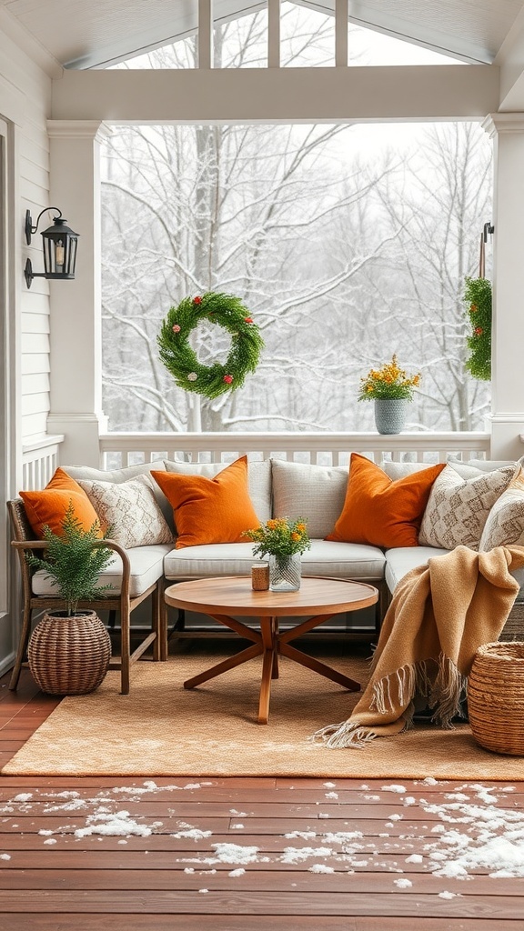 Cozy winter porch with orange cushions, a wooden table, and greenery.