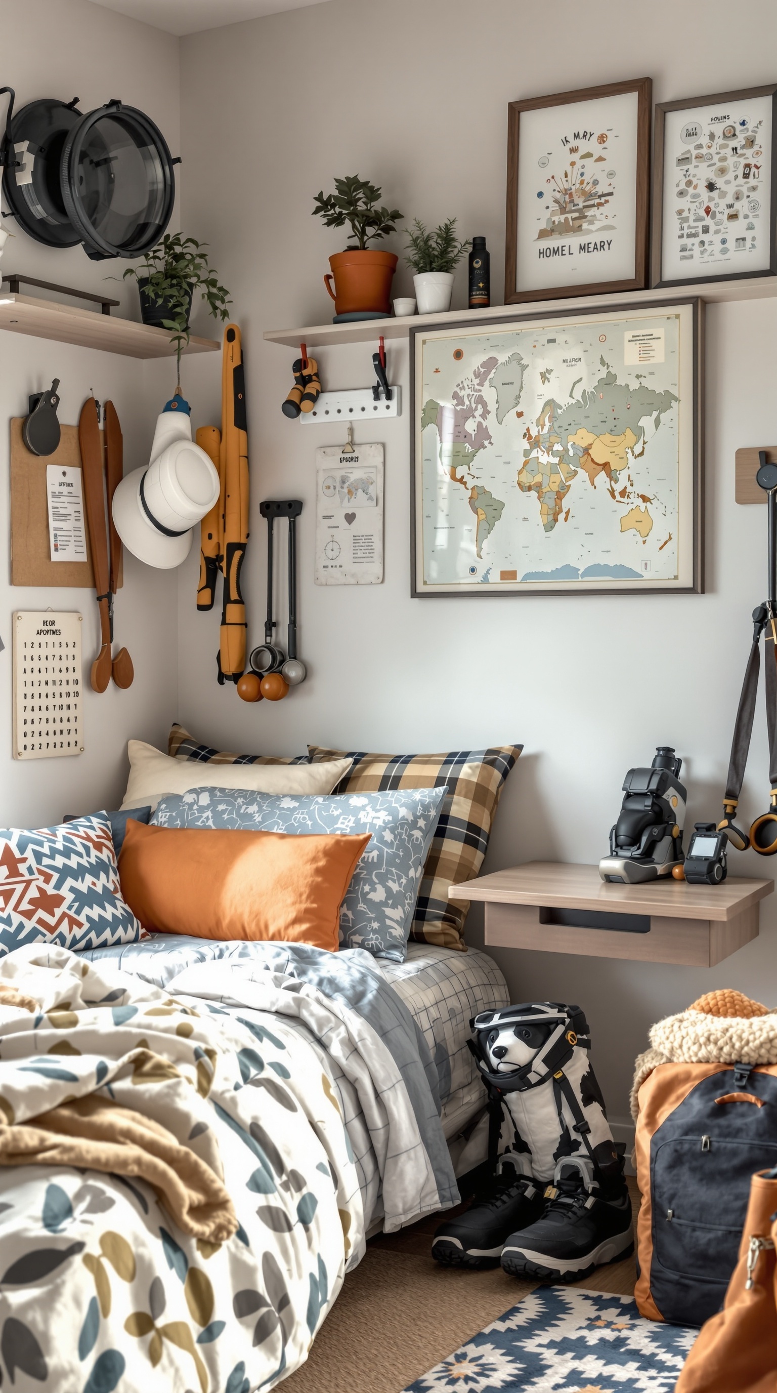 A cozy sports-themed bedroom corner with colorful bedding, a world map, and organized sports gear.