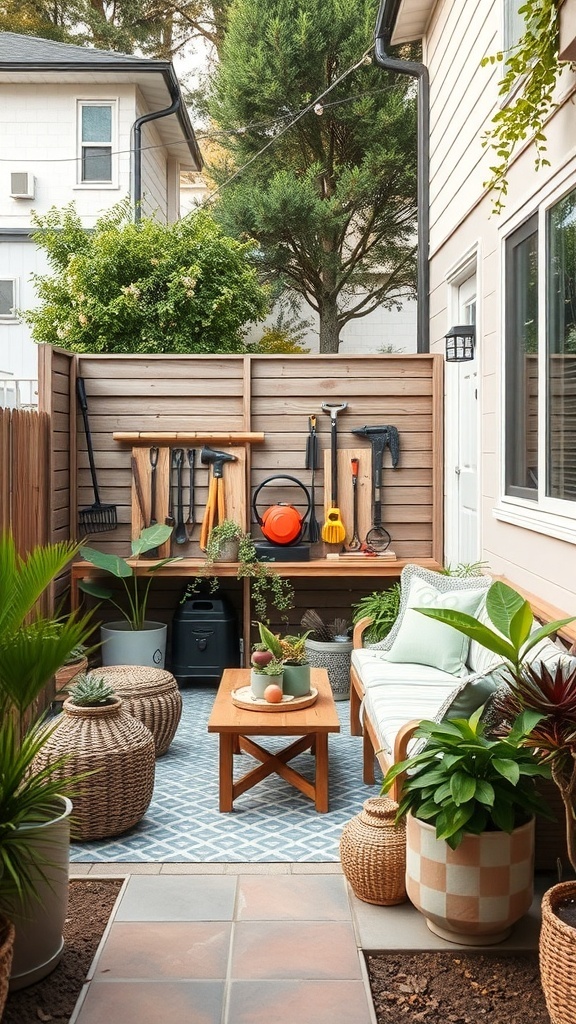 A cozy backyard with organized outdoor storage, featuring tools on a wooden wall, plants, and seating.