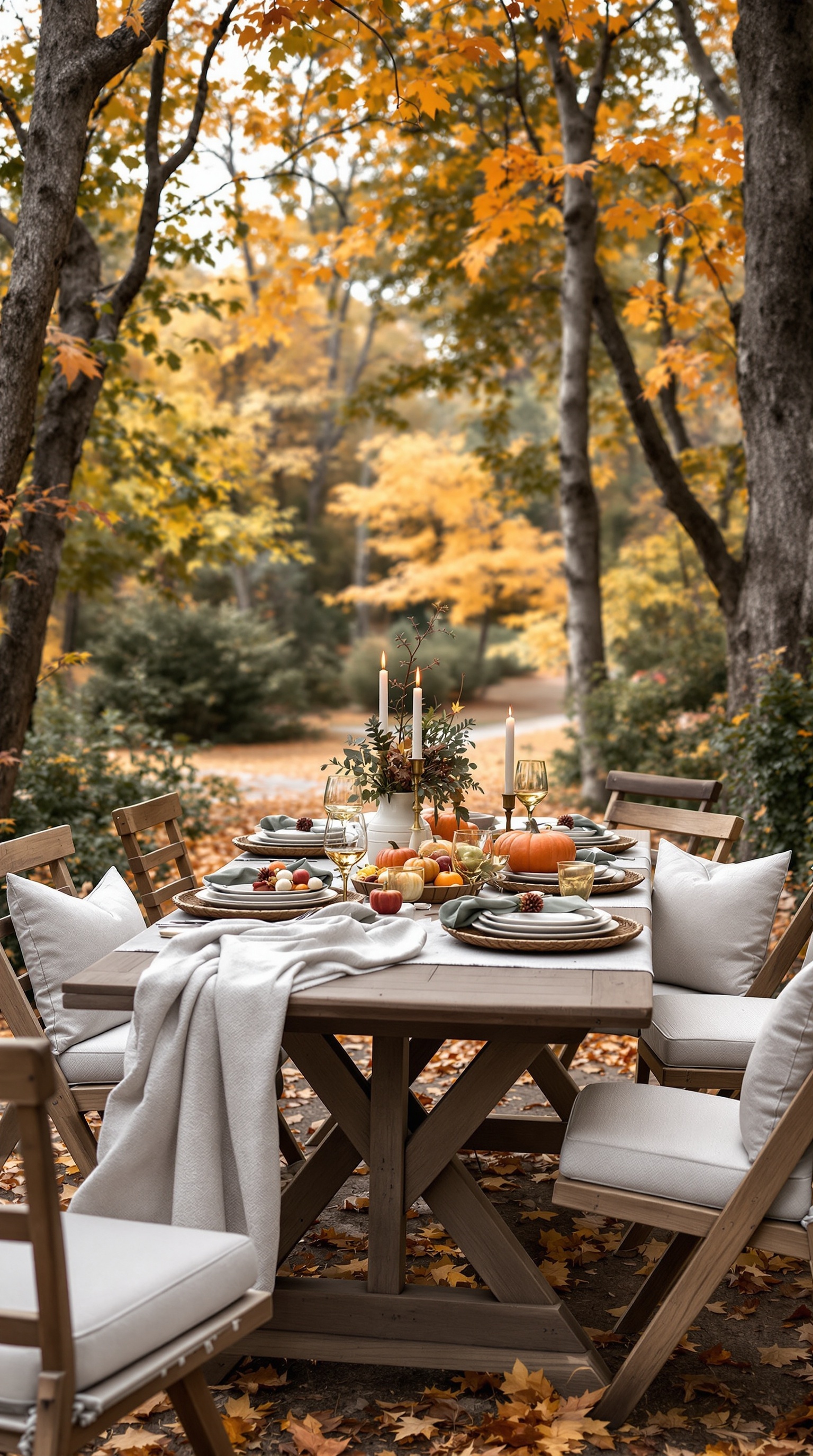 Outdoor Thanksgiving table set with pumpkins, candles, and fall foliage
