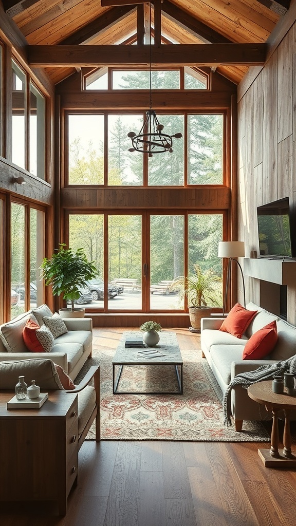 A rustic farmhouse living room with large windows showcasing outdoor views, comfortable furniture, and natural decor.