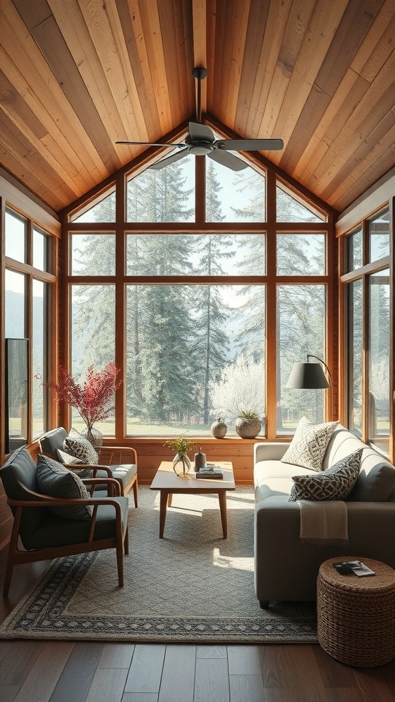 Cozy cabin interior with large windows showcasing outdoor views of trees and greenery.