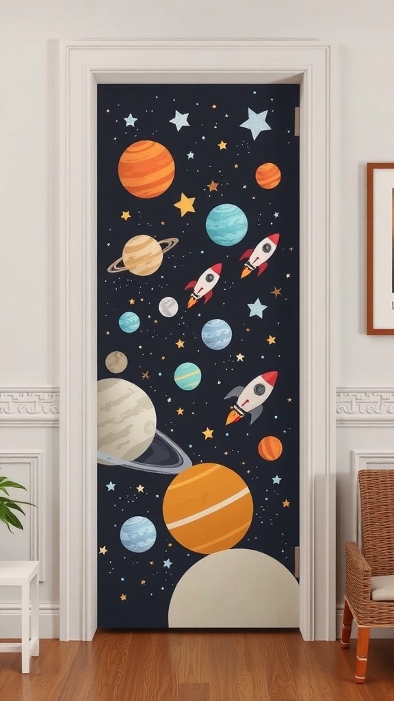 A classroom door decorated with colorful planets, stars, and rockets in an outer space theme.