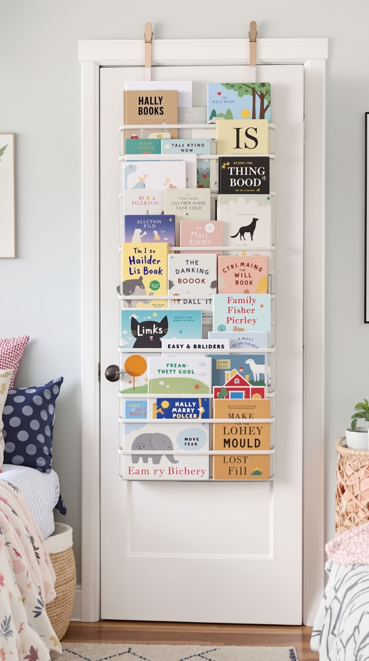 An over-the-door book rack filled with colorful children's books, hanging on a white door.
