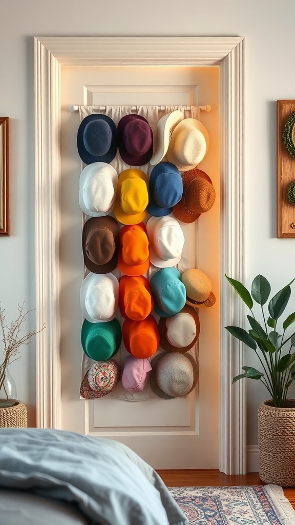 Colorful hats organized on an over-the-door rack
