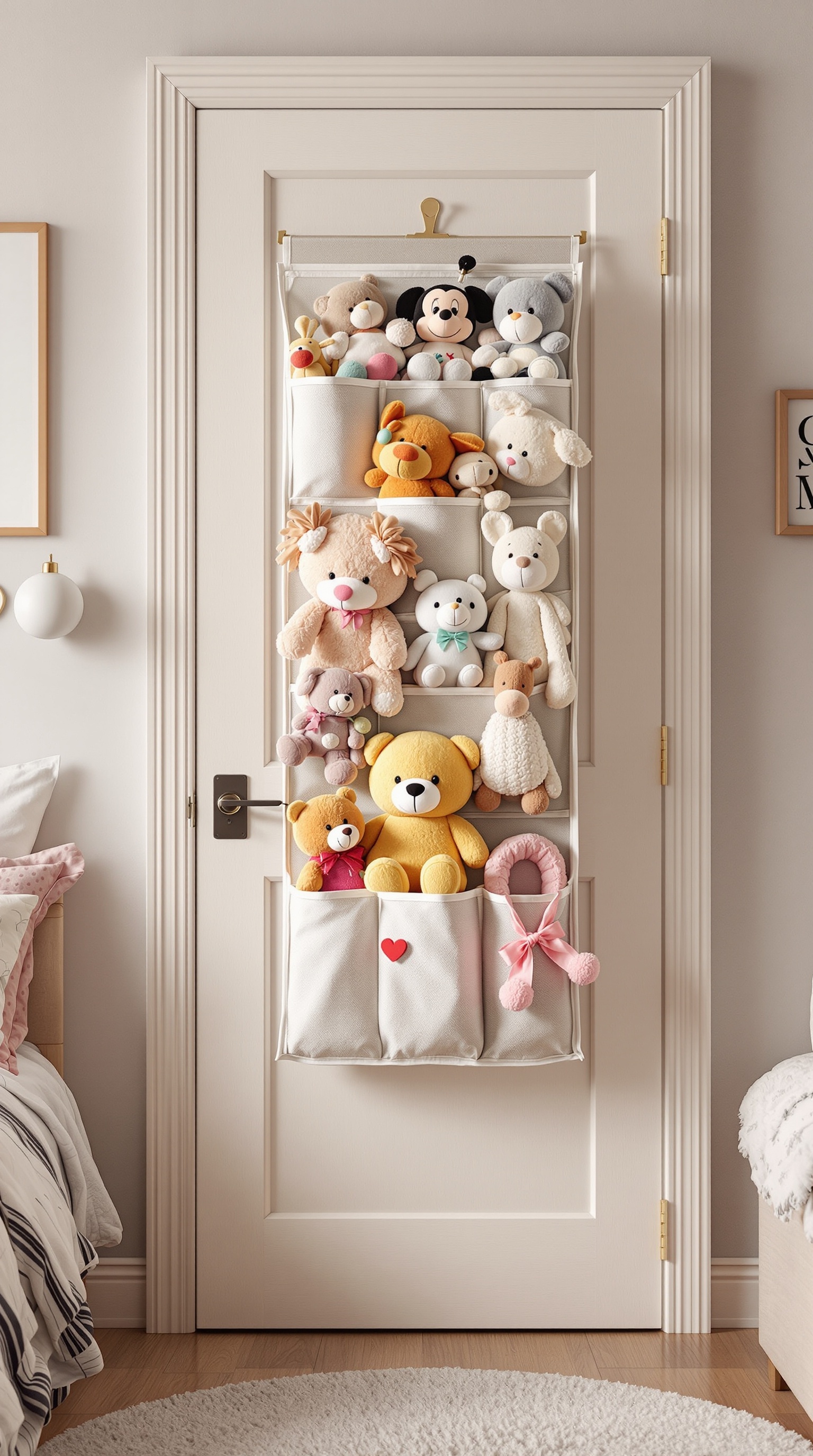 An over-the-door organizer filled with soft toys, hanging on a door in a cozy room.