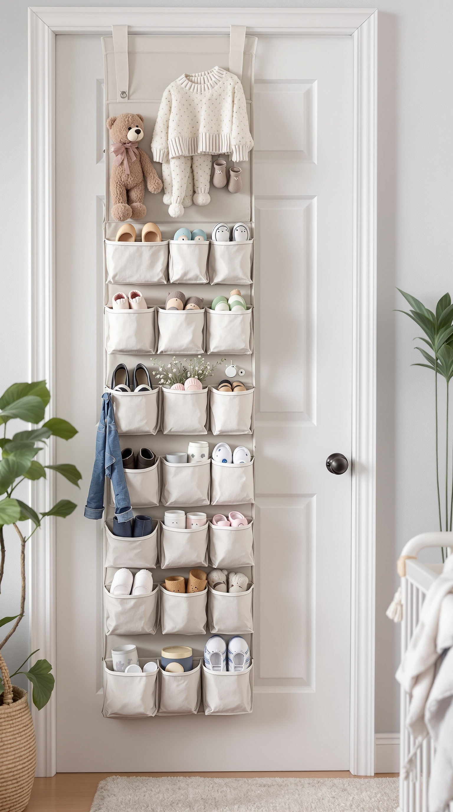 An over-the-door organizer filled with baby shoes, clothes, and a teddy bear, hanging on a white door.