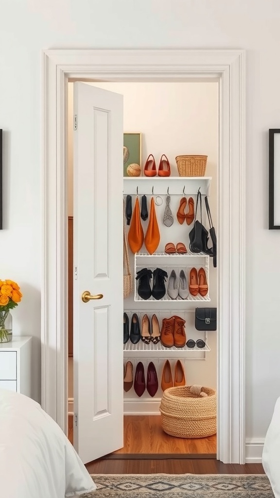 An organized over-the-door shoe rack displaying various pairs of shoes and accessories.