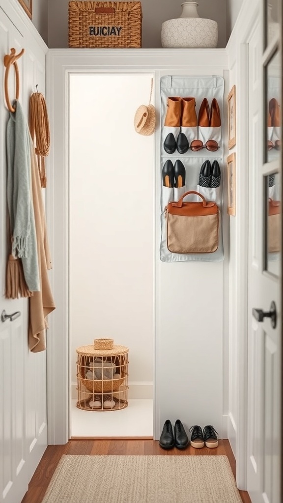 A small closet with an over-the-door organizer displaying shoes and a bag, showcasing a tidy and organized space.
