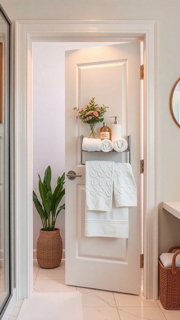 A stylish over-the-door rack in a bathroom holding towels and toiletries.