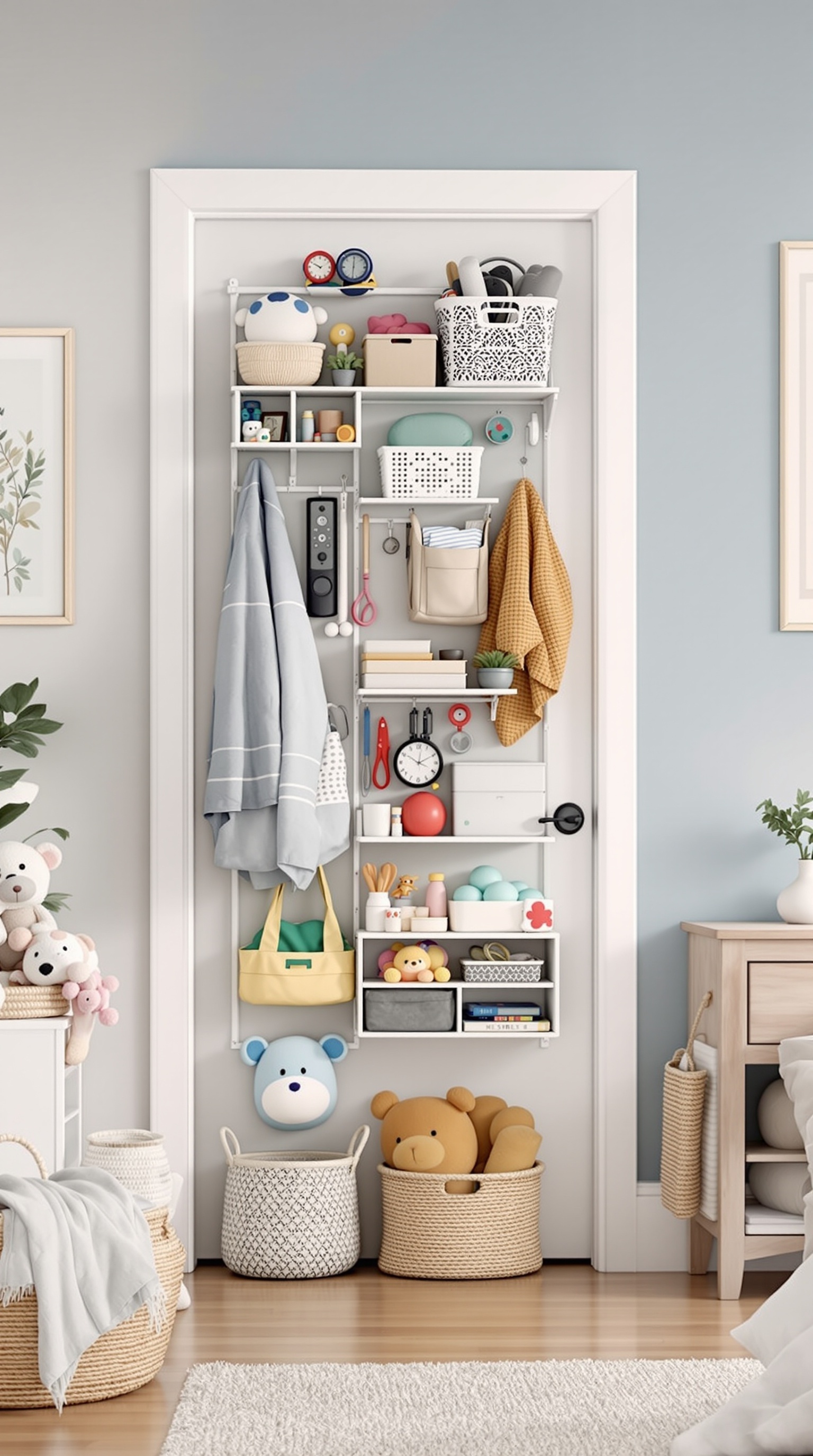 Over-the-door storage solution with shelves and baskets for organizing toys and supplies