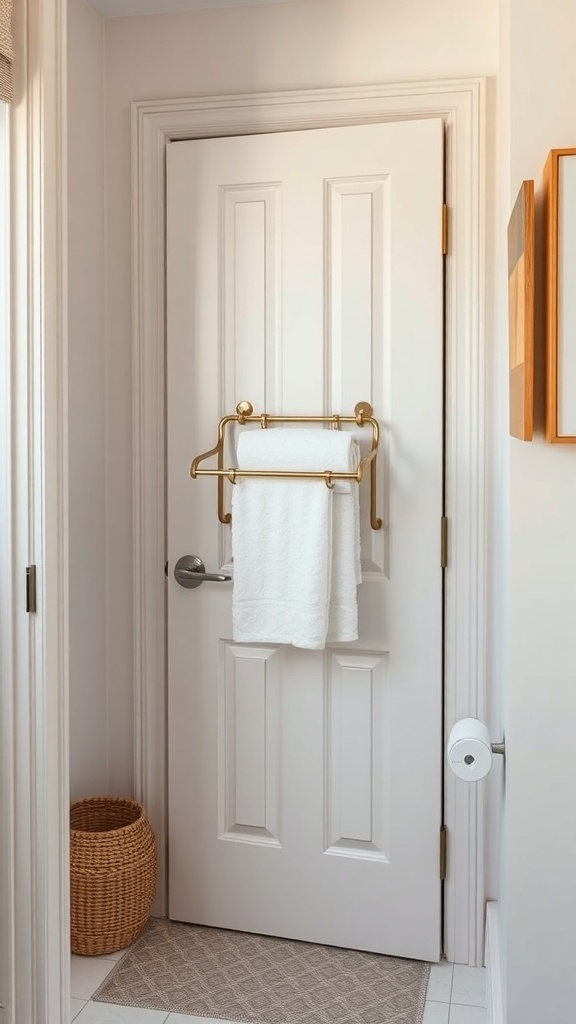 Over-the-door towel rack with a white towel hanging on a door