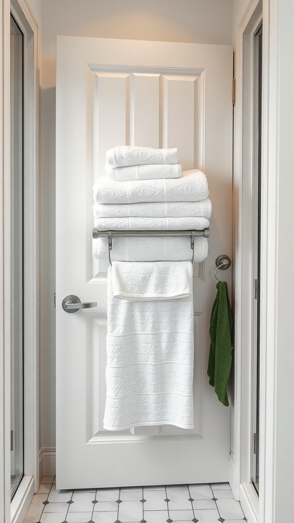 An over-the-door towel rack displaying stacked white towels and a hanging green towel.