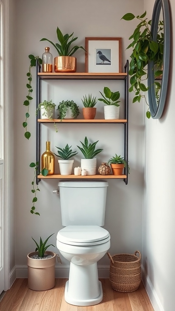 Stylish over-the-toilet storage with shelves filled with plants and decorative items.