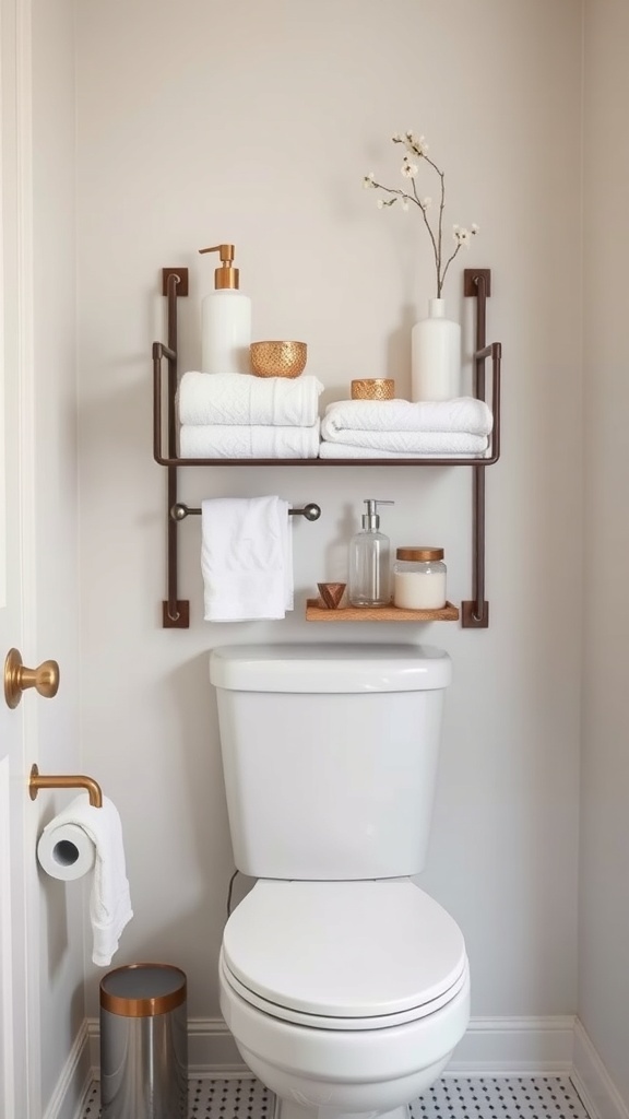 Stylish over-toilet storage rack with towels and decorative items in a small bathroom.