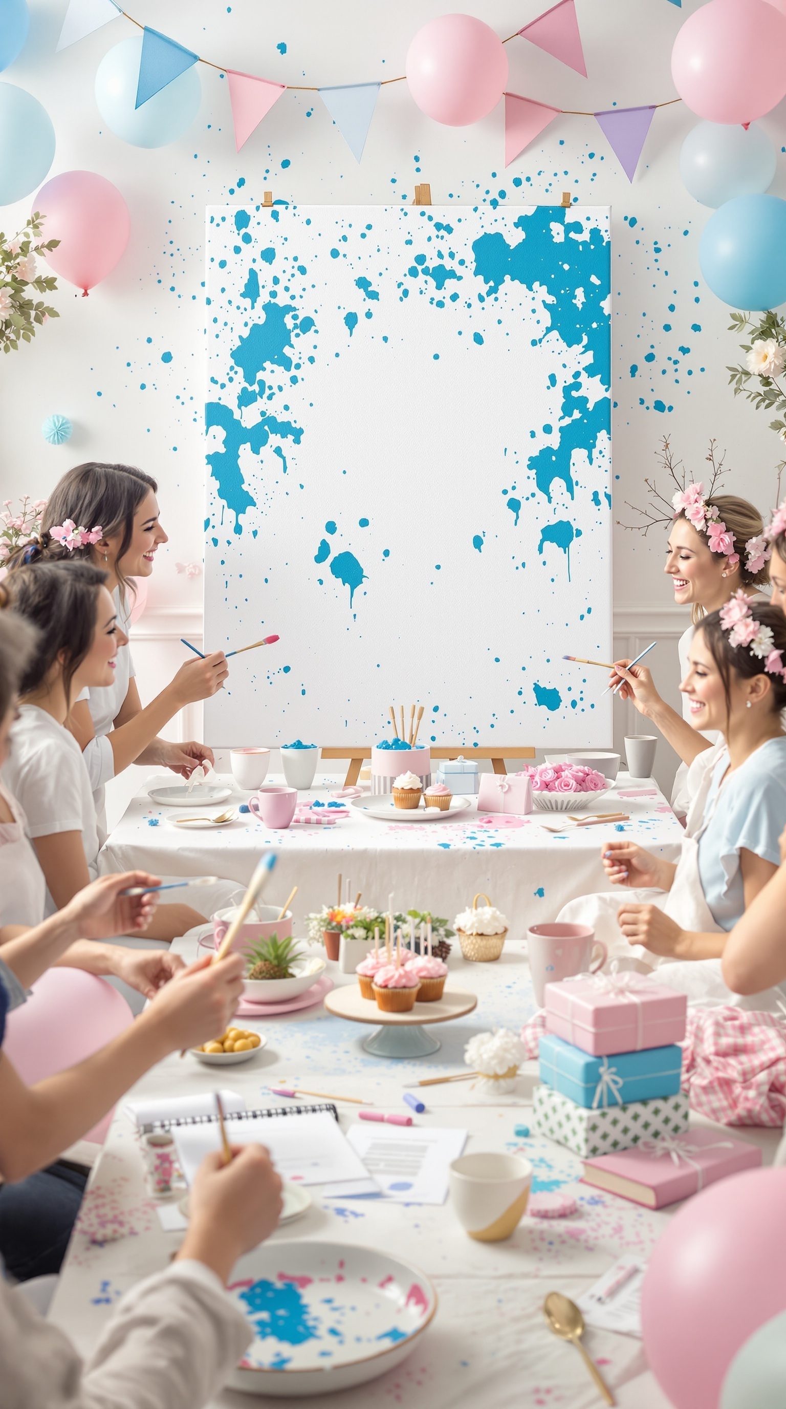 A group of friends painting a canvas for a gender reveal party, with colorful splashes of paint and festive decorations.