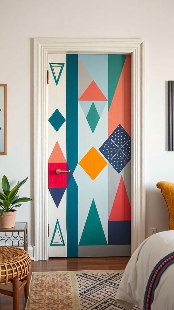 A colorful bedroom door with geometric patterns painted in various colors.