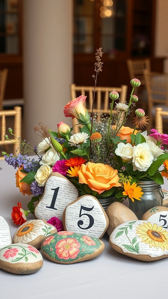 Centerpieces featuring painted rocks with table numbers surrounded by colorful flower arrangements.