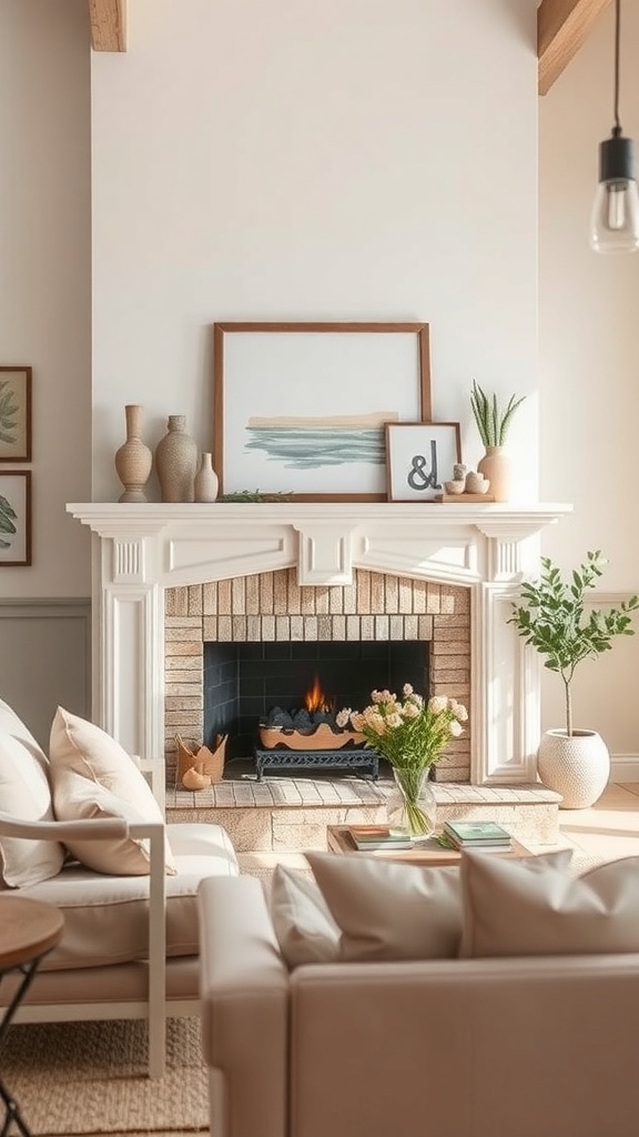 A cozy living room featuring a painted rustic fireplace mantel with decorative items.