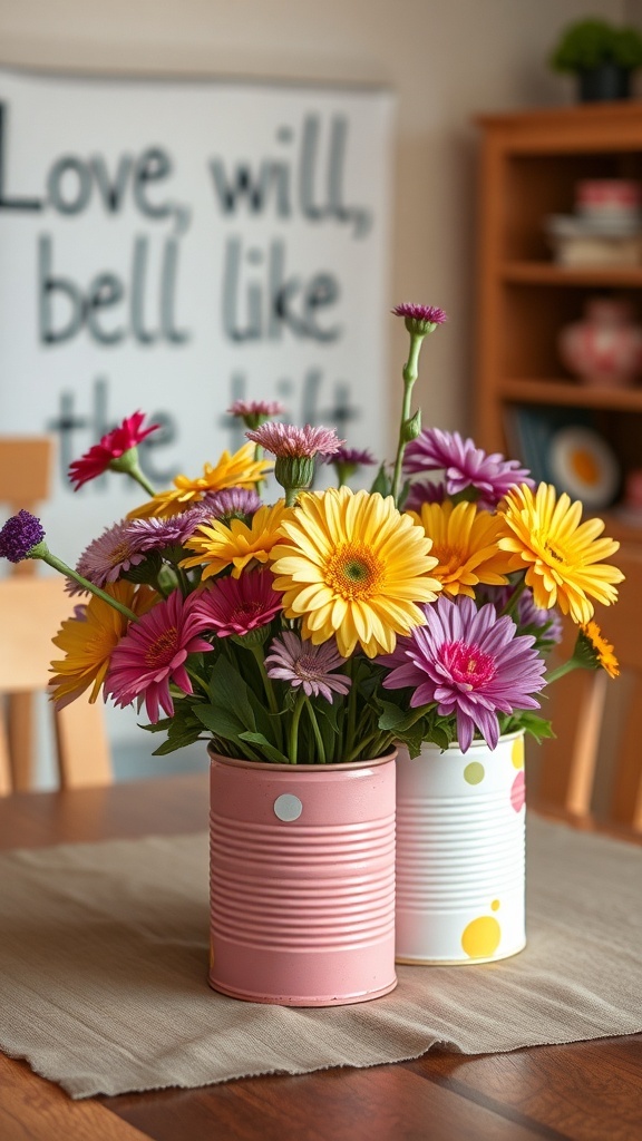 Colorful painted tin cans filled with flowers as a wedding centerpiece