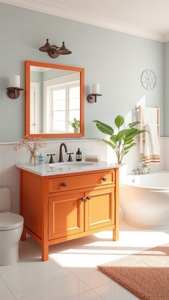 A bright orange painted vanity in a modern bathroom with soft blue walls and natural light.