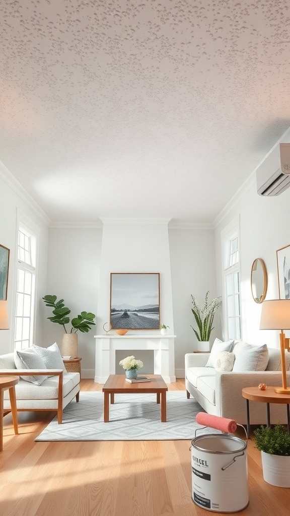 A bright living room with a popcorn ceiling, showcasing a cozy and modern atmosphere.