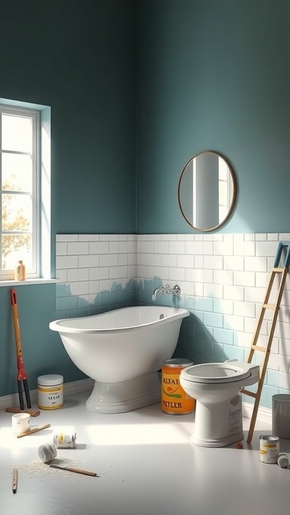 A partially painted bathroom with a clawfoot tub and tools laid out, showcasing painting in progress.