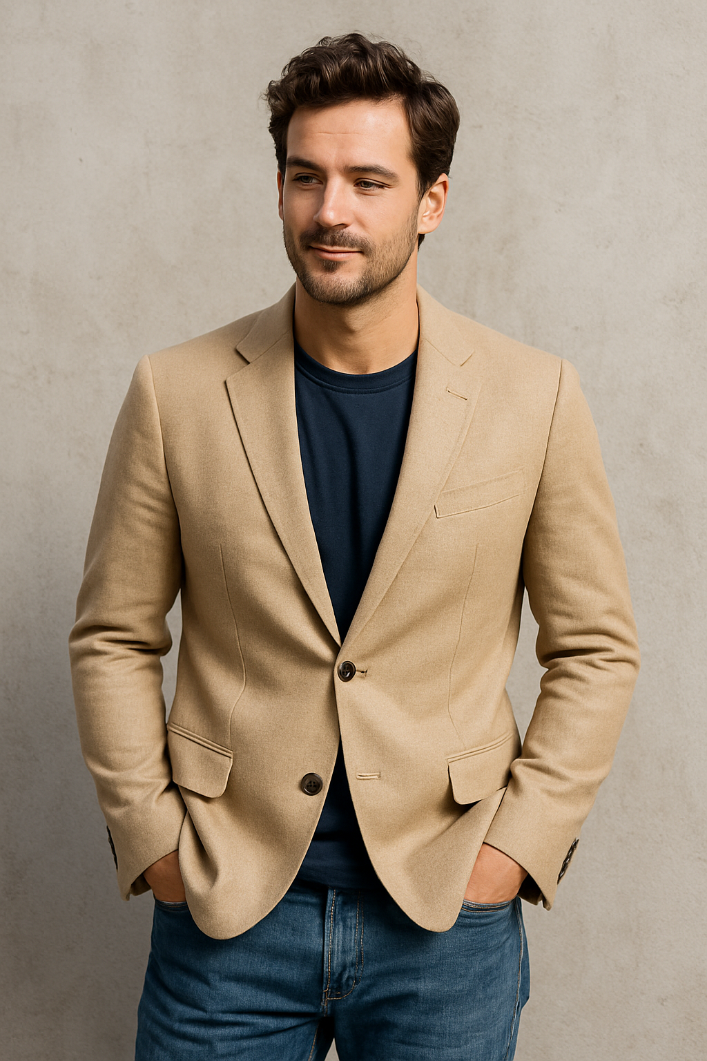 Four men wearing beige blazers in various settings, showcasing different outfit combinations