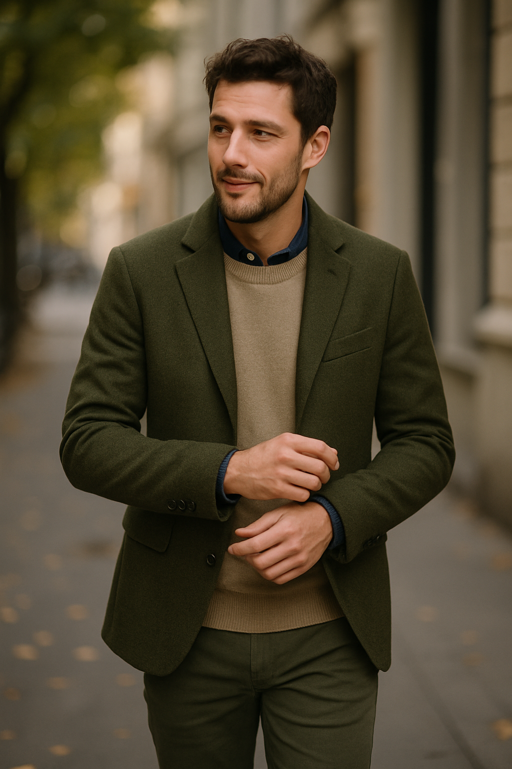 A man wearing an olive green suit with a beige sweater and blue shirt, walking on a city street.