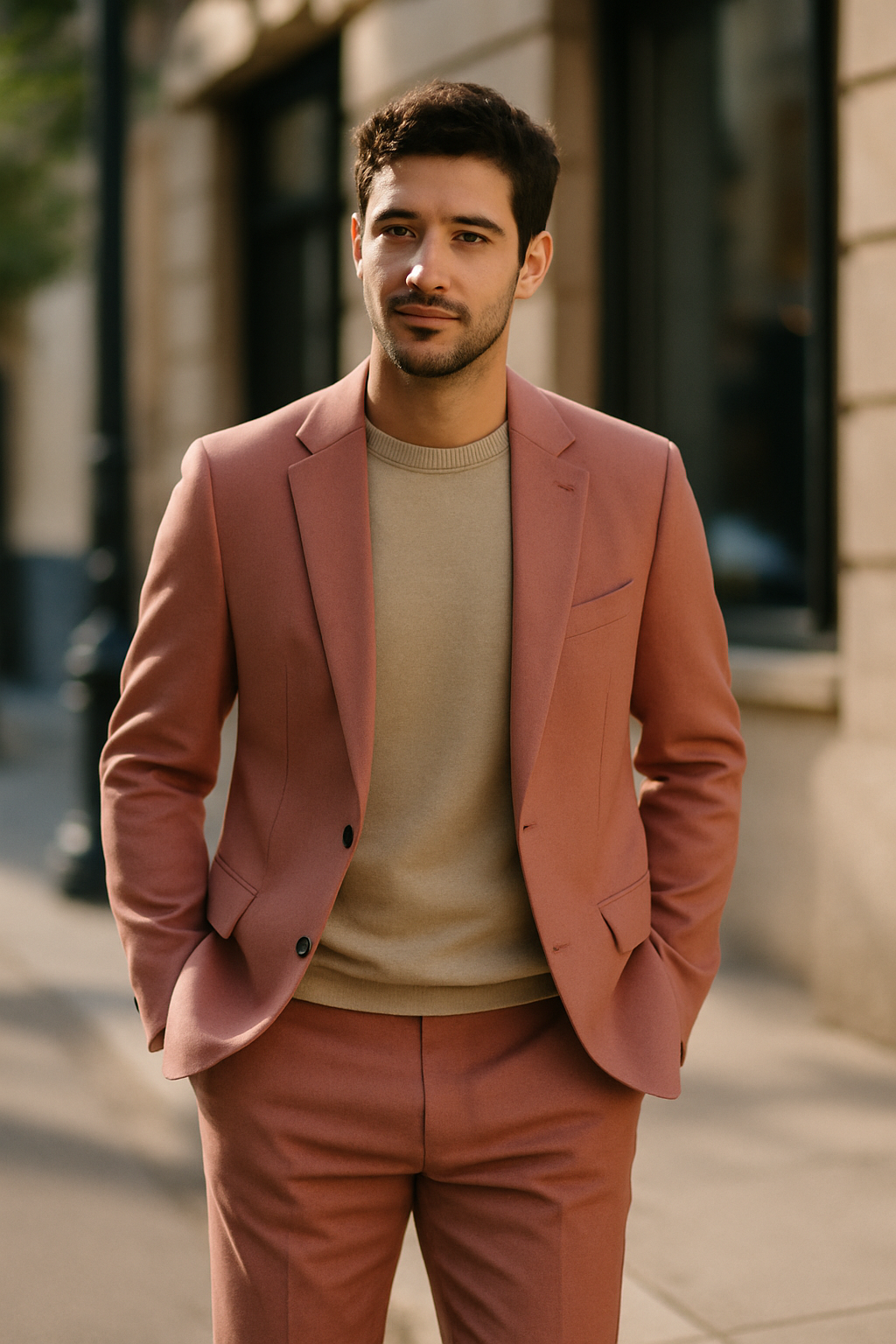 A man wearing a pink suit with a beige sweater, standing outdoors.