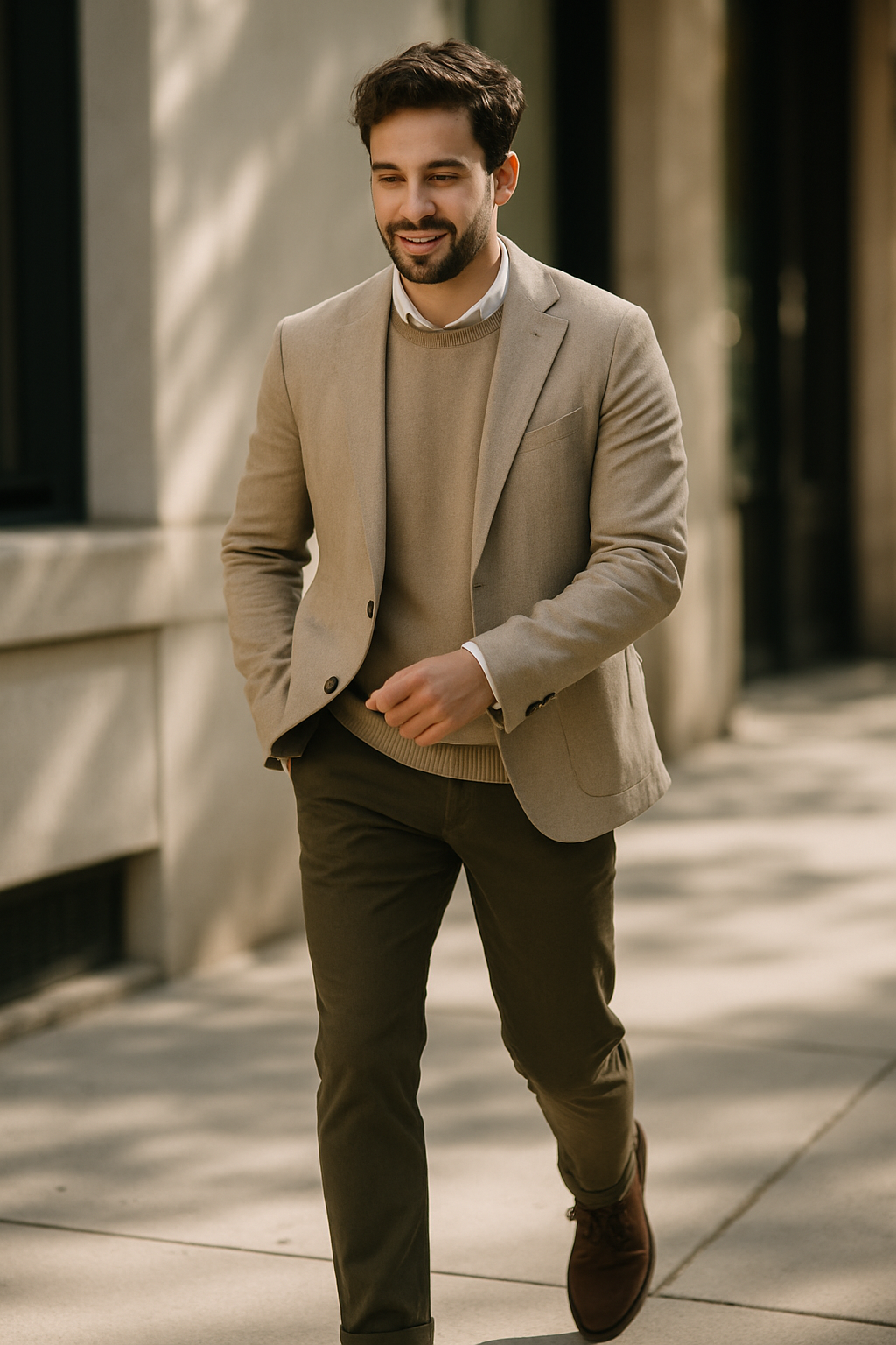 A man walking in a light linen suit with brown shoes, showcasing a stylish and relaxed look.