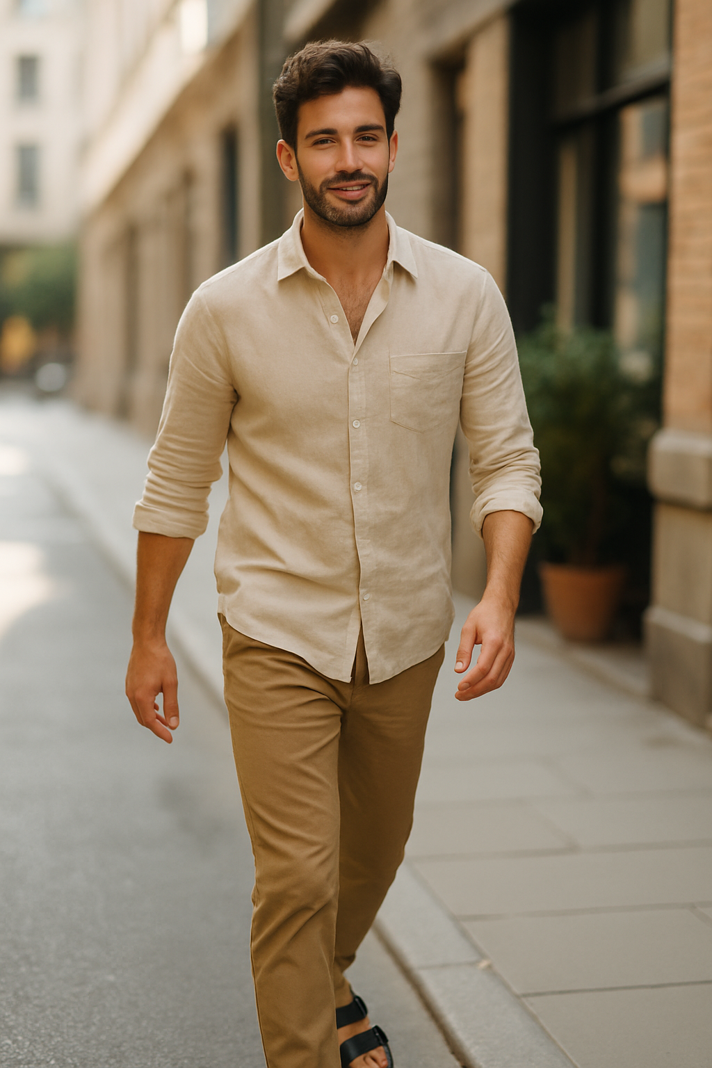 A man walking in a beige linen shirt and khaki pants, exuding a stylish and casual vibe.