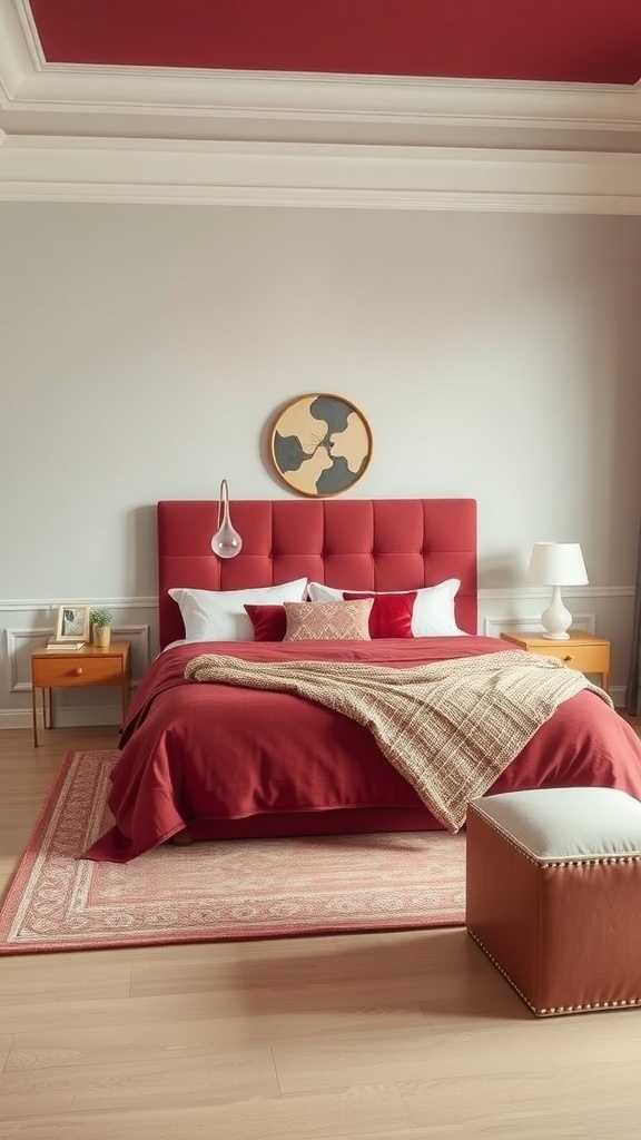 A cozy maroon bedroom featuring a maroon bedspread, headboard, and light-colored walls with decorative elements.