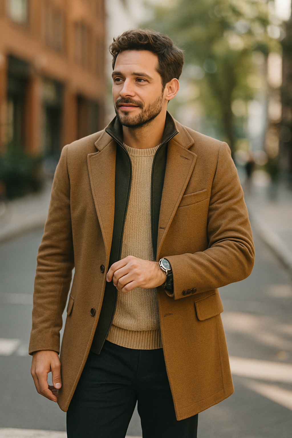 A stylish man wearing a gray suit, walking confidently in a city setting.