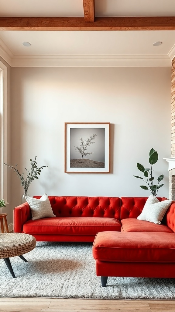 A bright red couch in a living room with neutral tones, featuring a light rug and plants.