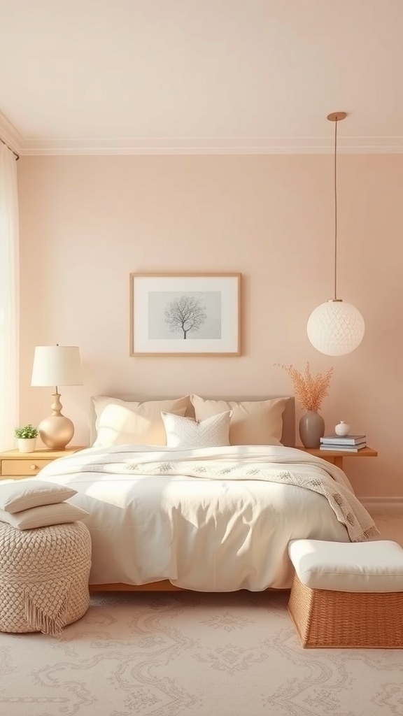 A calming bedroom featuring pale peach walls, a cozy bed with neutral bedding, and soft decorative elements.