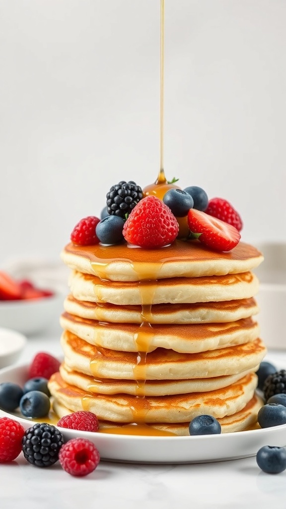 A stack of pancakes topped with fresh mixed berries and syrup