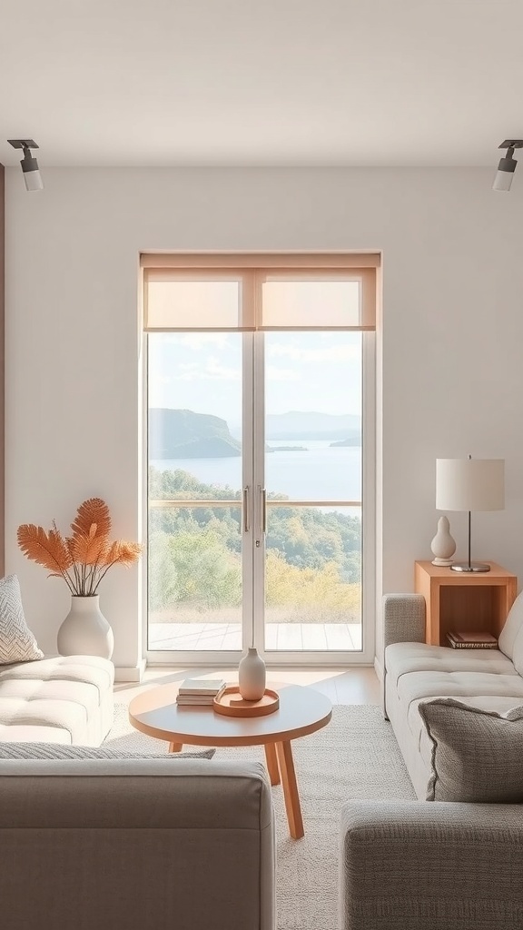 A modern living room featuring sliding glass doors covered with panel track blinds, showcasing a scenic view.