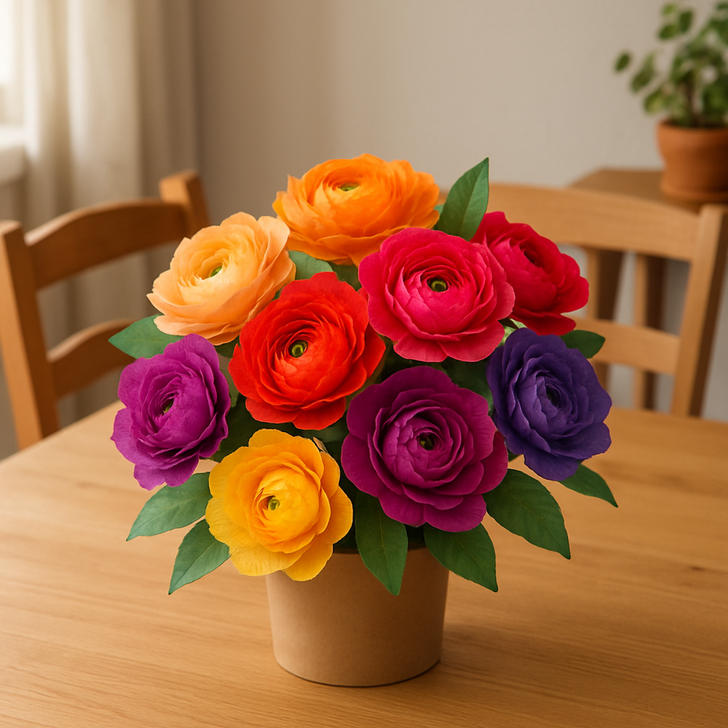 Colorful paper flowers in a pot on a wooden table