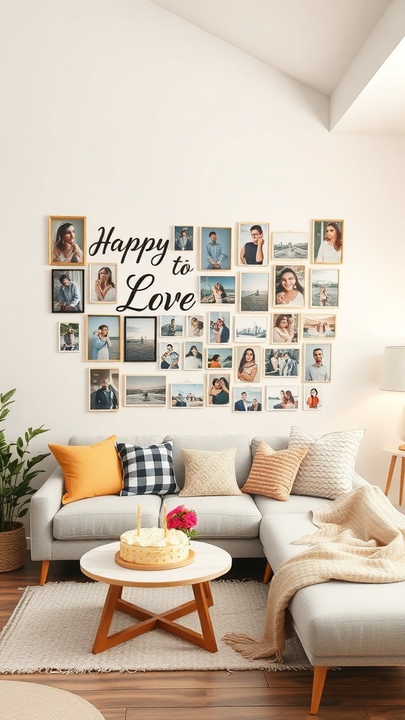 Pared decorada con fotos enmarcadas y la frase 'Happy to Love'.