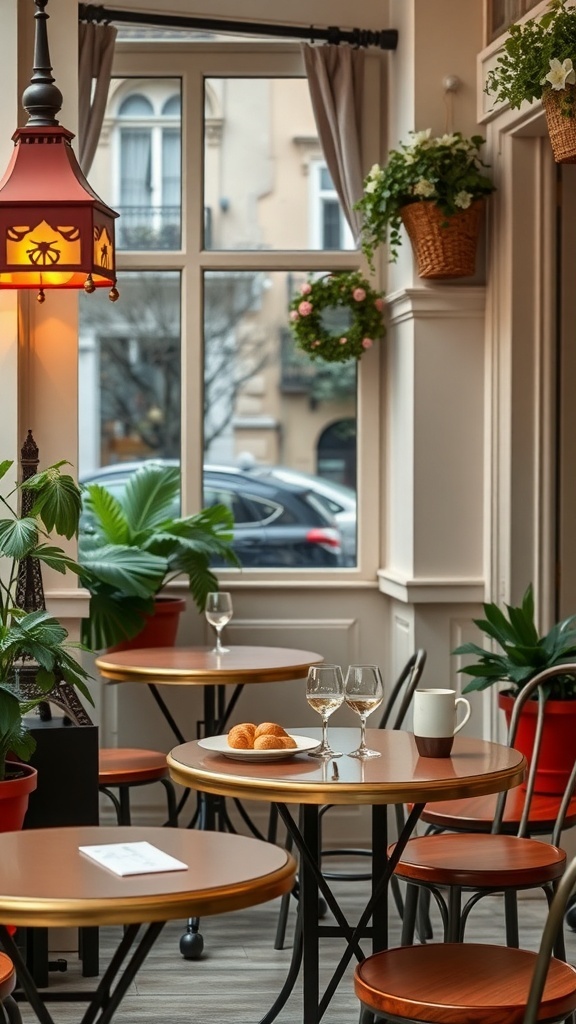 Cozy interior of a Parisian café with tables, wine glasses, and pastries.