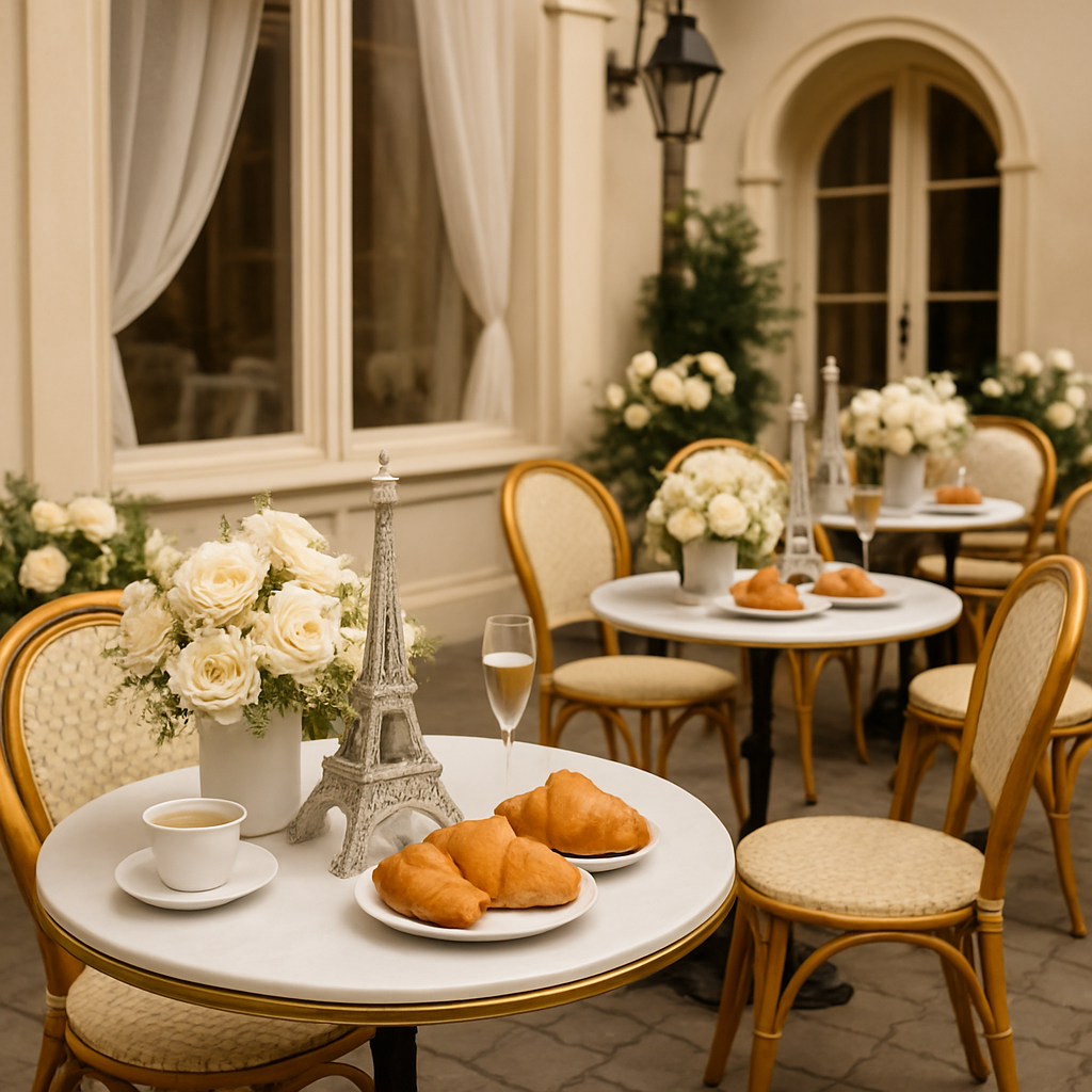 A beautifully arranged Parisian café setting with round tables, white roses, croissants, and an Eiffel Tower replica.