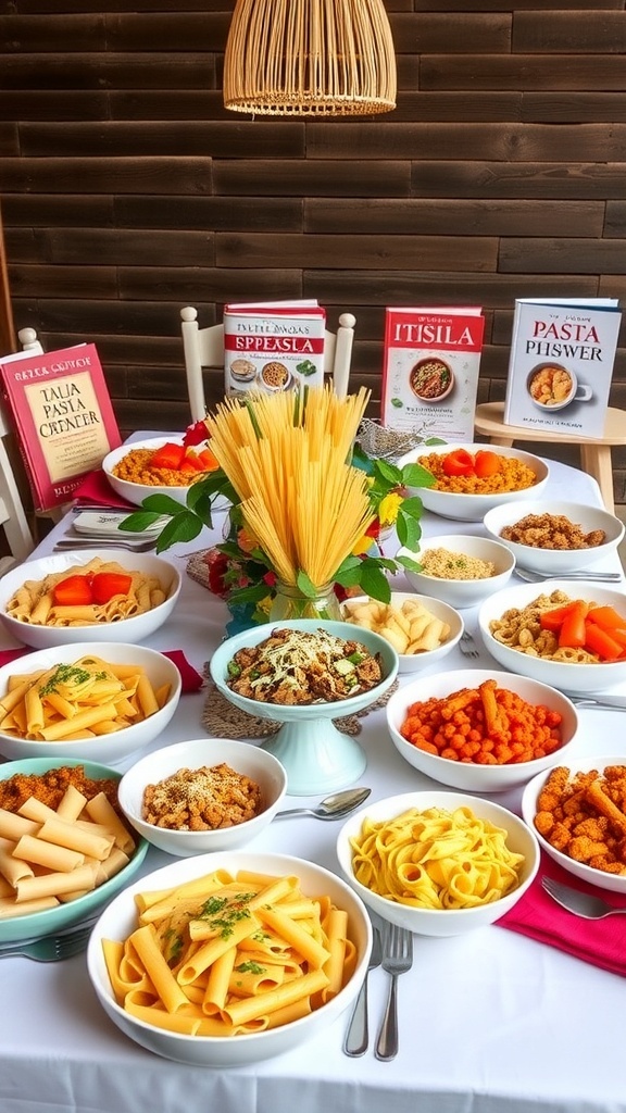 A table filled with various types of pasta and Italian dishes, showcasing an inviting pasta party setup.
