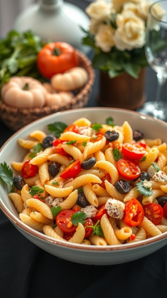 A bowl of pasta salad with cherry tomatoes, black olives, and fresh herbs.