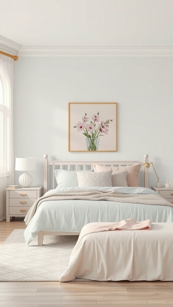 A pastel-themed bedroom featuring a floral painting above the bed, light blue walls, and soft bedding.