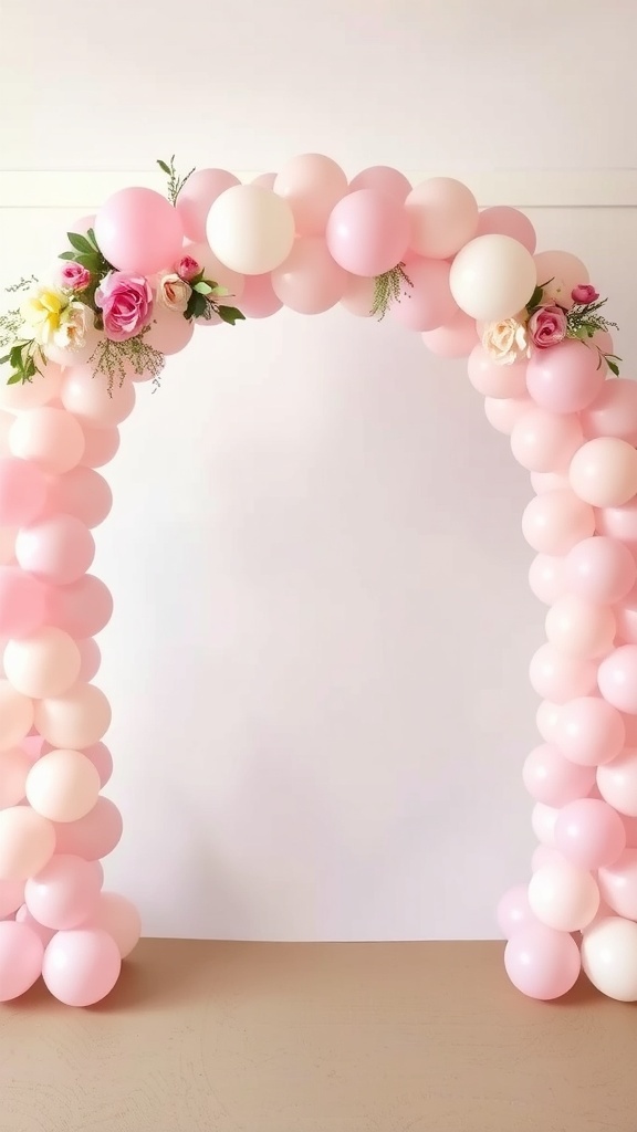 Pastel balloon arch with pink and white balloons and floral accents