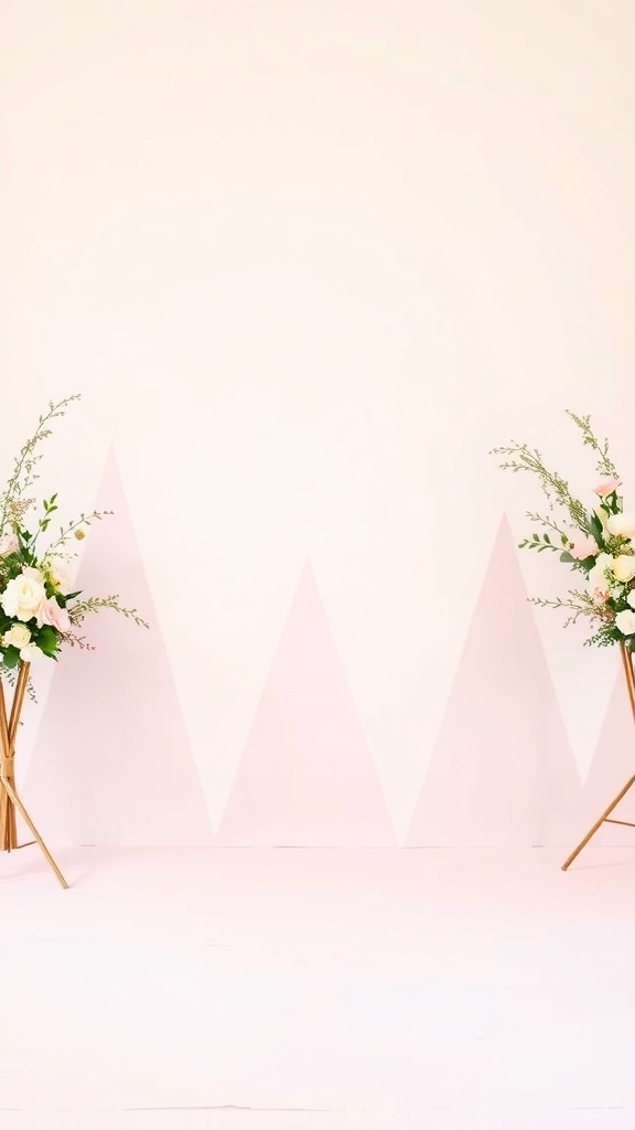 Pastel color block backdrop with flower arrangements on either side