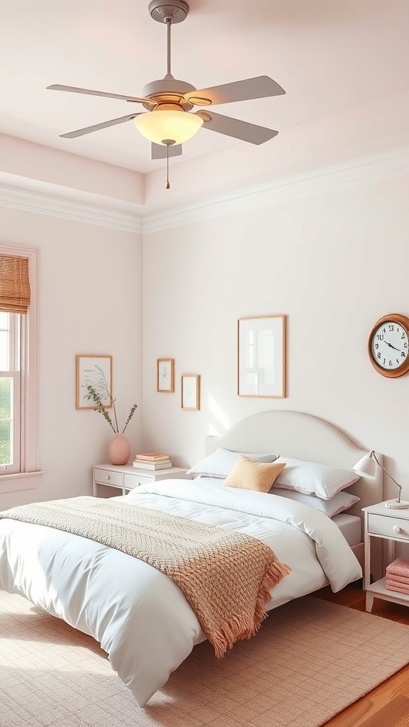 A pastel-themed teen bedroom with light pink walls, white bedding, and decorative elements.