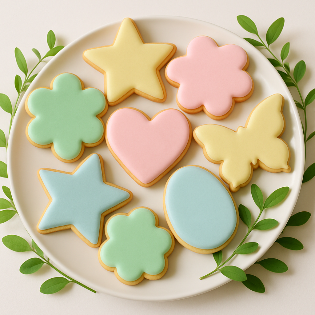 A plate of pastel colored cookies in various shapes including stars, flowers, hearts, and butterflies.